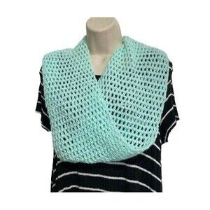 Infinity Scarf Light Teal Blue Windowpane Crochet Design 40 x 7.5 inches
